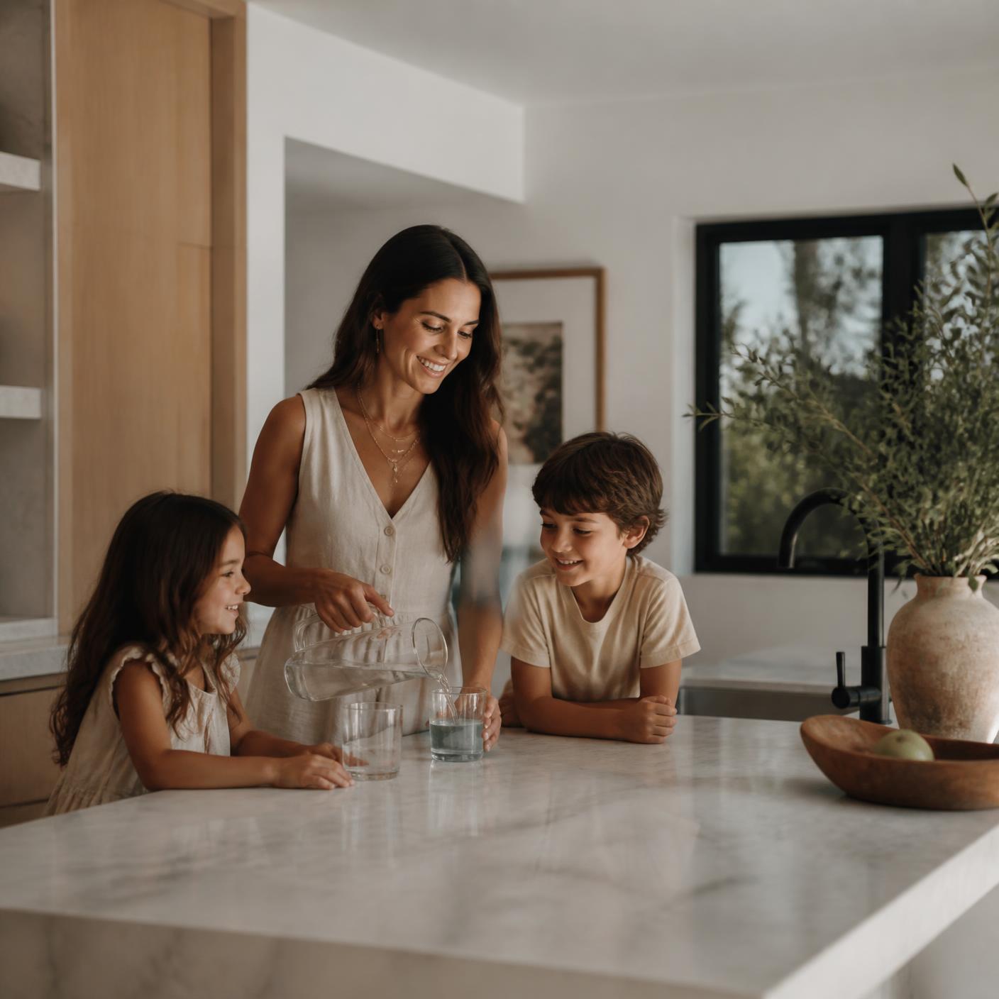 Family drinking clean filtered water in a bright, modern kitchen